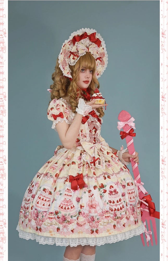 Accents Print Lolita Full Sweet Yellow Cake Bow Set Dress / Strawberry
