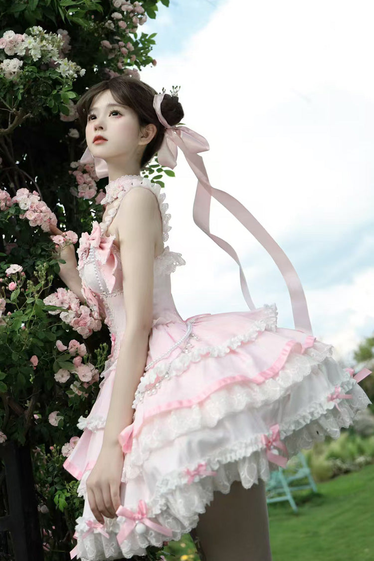 Pink [Prelude of Spring Cherry] Square Collar Sleeveless Multi-Layered Jacquard Ruffled Bow Lace Pearl-Decorated Sweet Lolita Jsk Dress