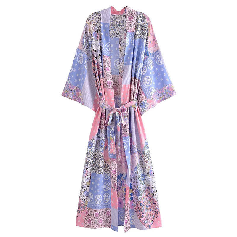 Boho Beach Print Belt Robe Long Cardigan Outerwear