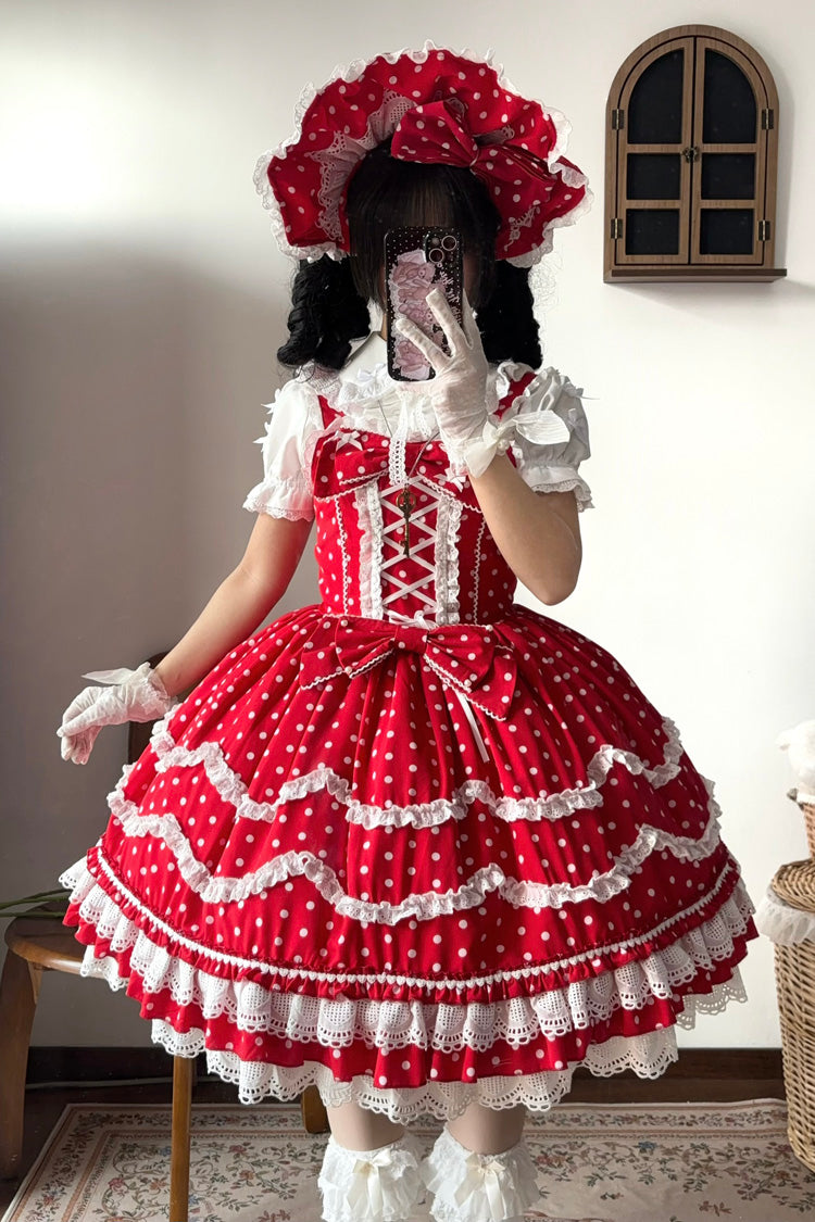 Red Polka Dot Floral Ruffle Lace Up Sweet Lolita Dress