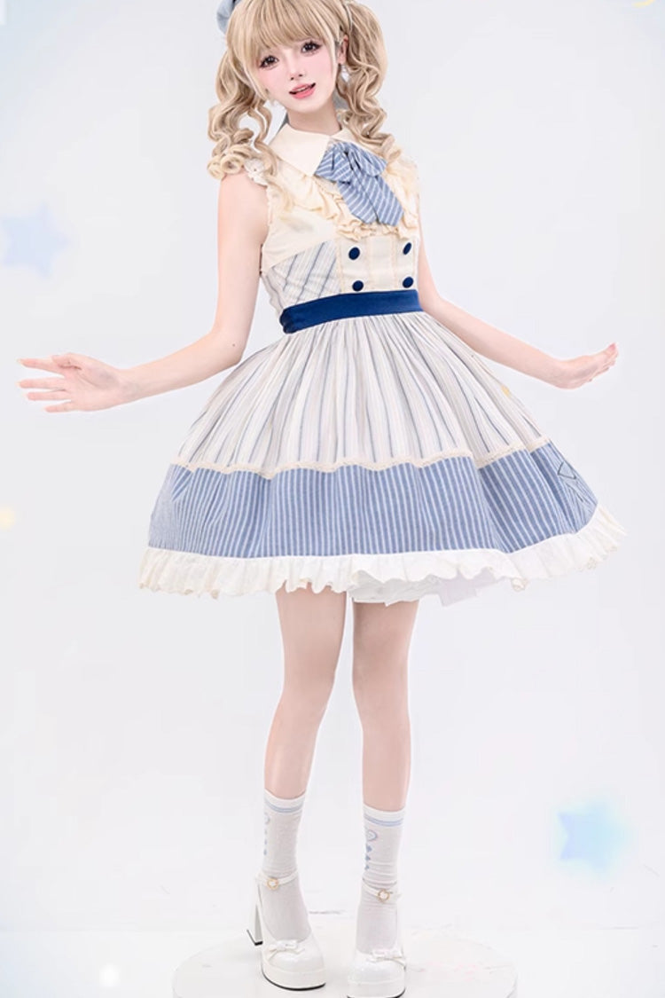 Navy Star-Print Ruffle Sleeveless Bowknot Sweet Lolita Dress