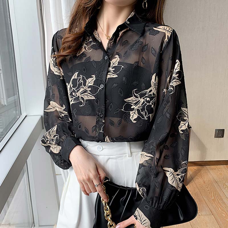 Black Floral Print Puff Sleeve Chiffon Shirt