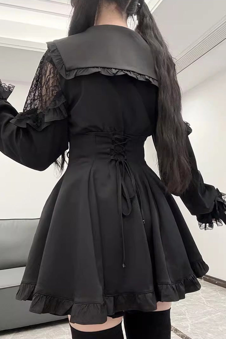Noir Long Sleeve Ruffle Stitched Lace-Up Jirai Kei Set - Truffle Forest
