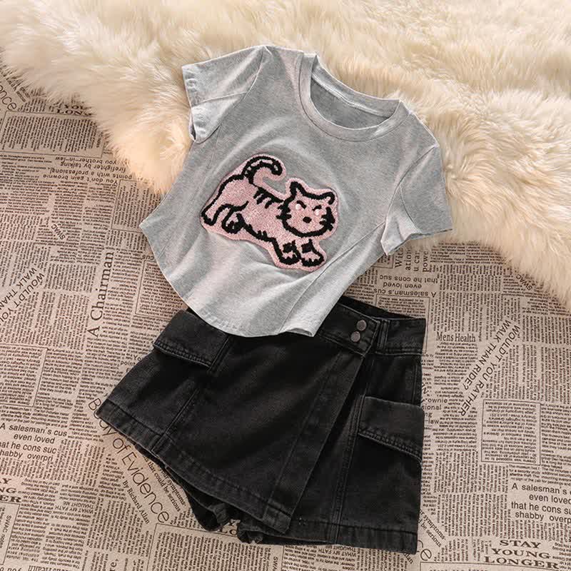 Pink Tiger Embroidery Crop Top T-Shirt Denim Shorts