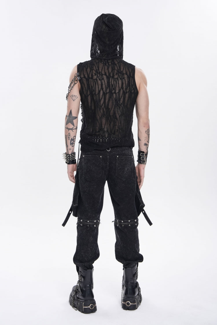 Men's Punk Hooded Vest with Sheer Asymmetric Chain-Decorated Design