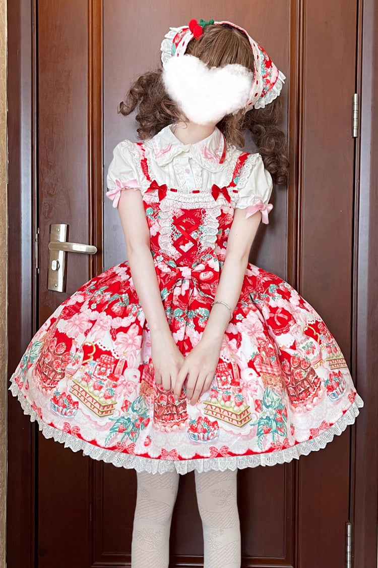Crimson Strawberry Cocoa Jam Print Sleeveless Frill Bow Lace Sweet Lolita Jumper Dress