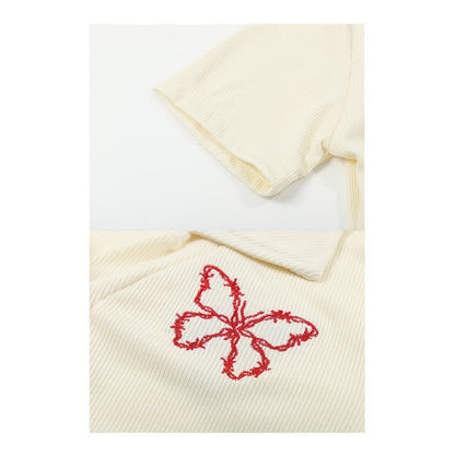 Butterfly Lertter Embroidery Lapel Crop Top Denim Overalls