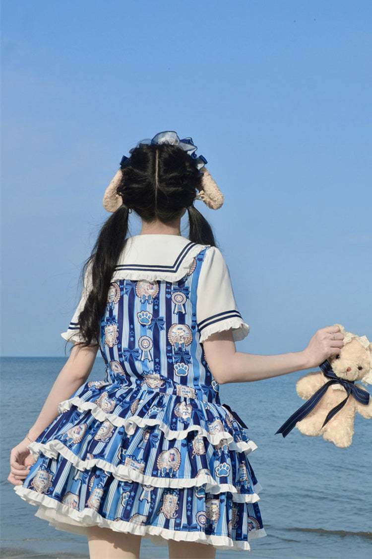 Blue Glory of the Dog Navy Collar Short Sleeves Low Waisted Triple-Layered Printed Ruffled Bow Sweet Dress