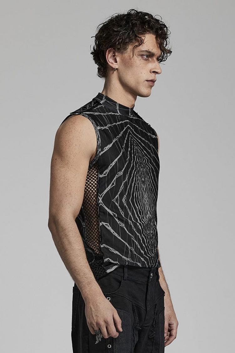 Steampunk T-Shirt with Halo Print, Sleeveless, Mesh and Rivets, 2 Colors
