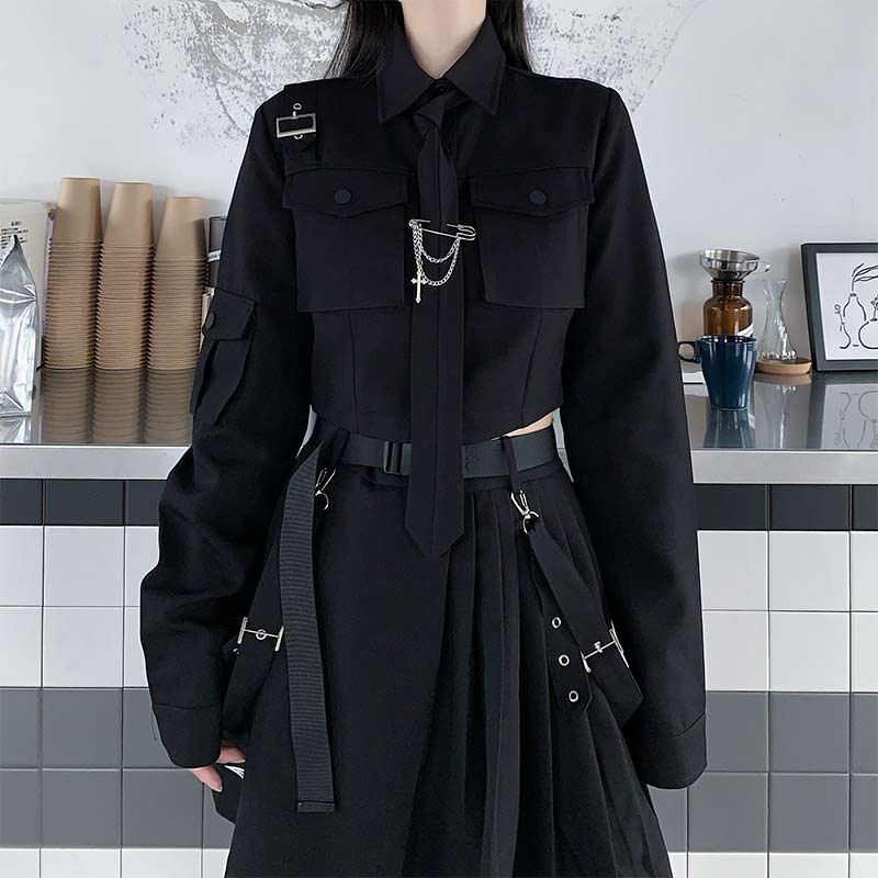 Cool Black Pocket Shirt Pleated Skirt Tie Set