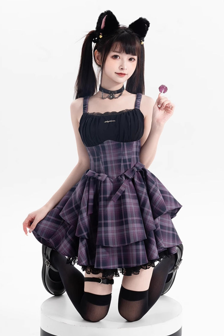 Purple Magic Cat Double-Layered Stripe Print Bow Sweet Lolita Jumper