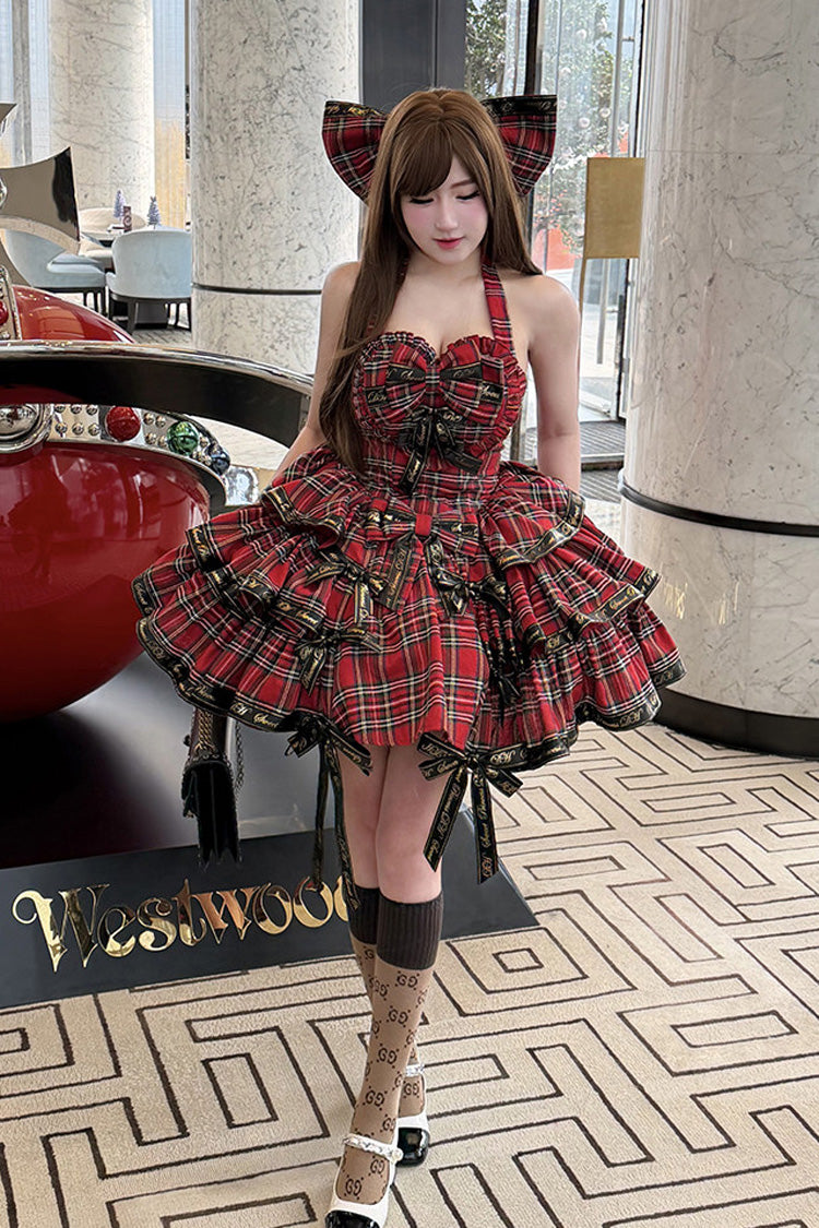 Crimson Rock Kitty Sleeveless Triple-Layer Printed Ruffled Bow Gothic Lolita JSK