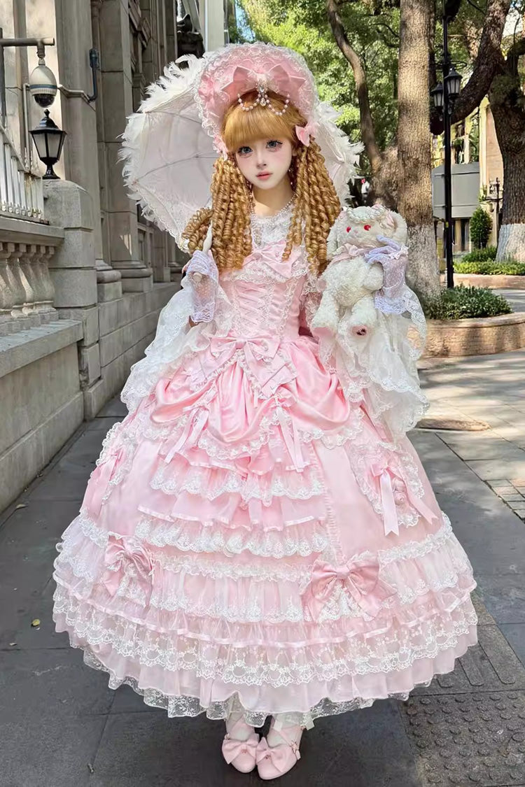 Pink Ode of the Curtain Multi-Layered Ruffled Hanayome Open-Front Bow Lace Lace-Up Sweet Long Jsk Dress