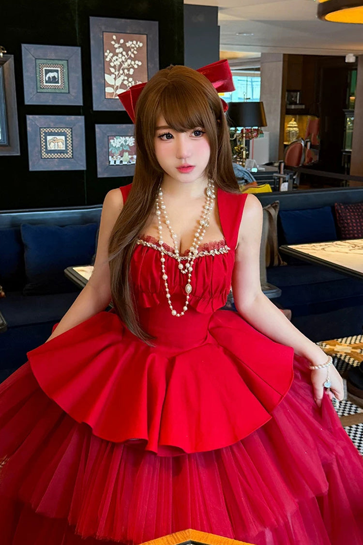 Crimson Romantic Rose Square Neck Sleeveless Ruffled Classic Ballet Lolita Gown