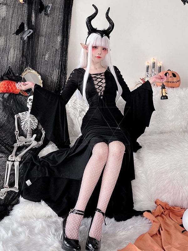 Halloween Costume Black Wide Bat Sleeves Witch Dress