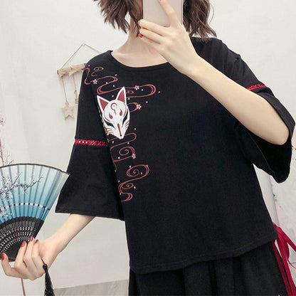 Black Sakura Fox Print Lace Up T-Shirt Wide Leg Pants