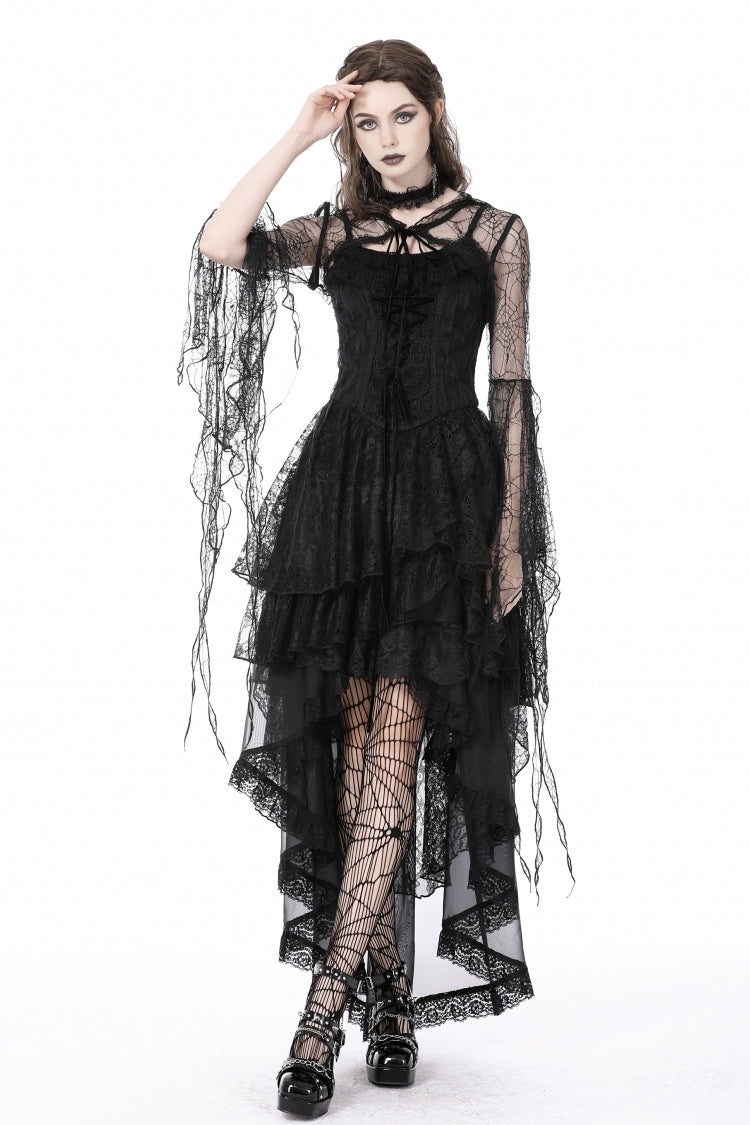 Midnight Spider Web Hooded Cape with Flared Lace-Up Sleeves - Gothic Sheer