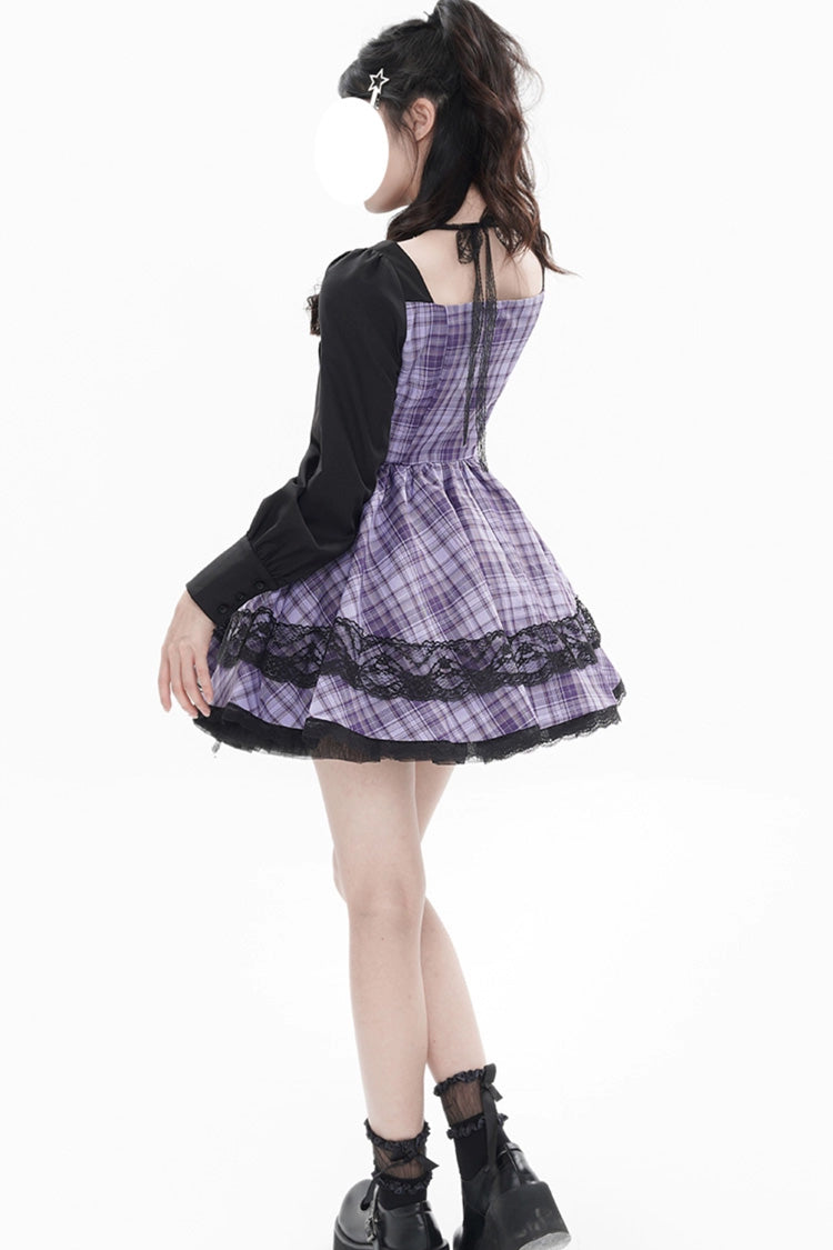 Purple Witch Time Long Sleeves Plaid Print Bow Lace Sweet Dress