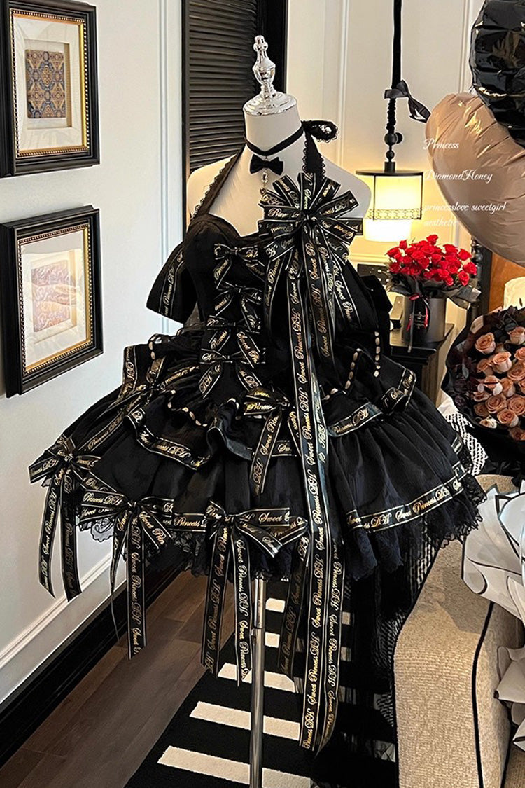Noir Halter Neck Layered Ruffle Bow Princess Gothic Dress - Young Lady