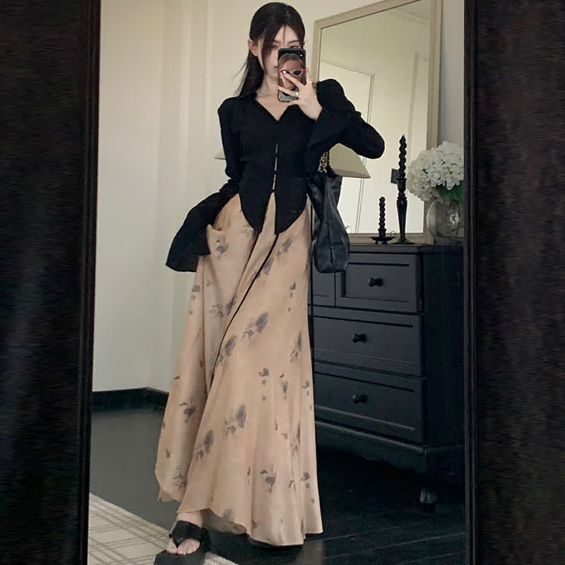 Elegant Lace Up Flared Sleeve Top Vintage Floral Print Wide Leg Pants