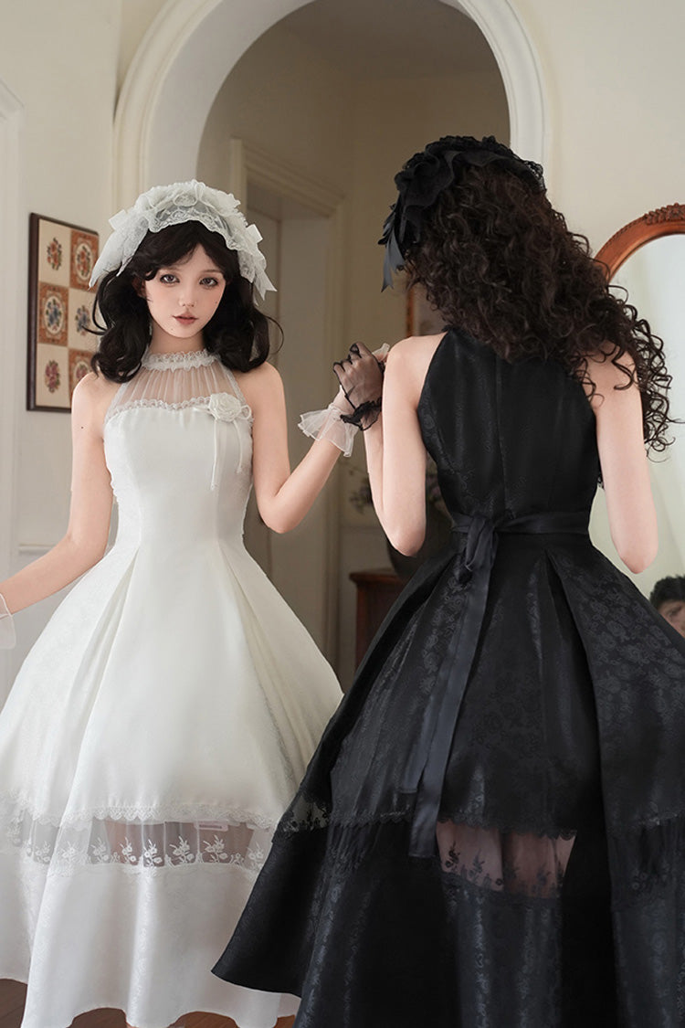 Onyx Off Shoulder Halterneck Printed Ruffle Gothic Elegant Dress - Flowers in the Mist