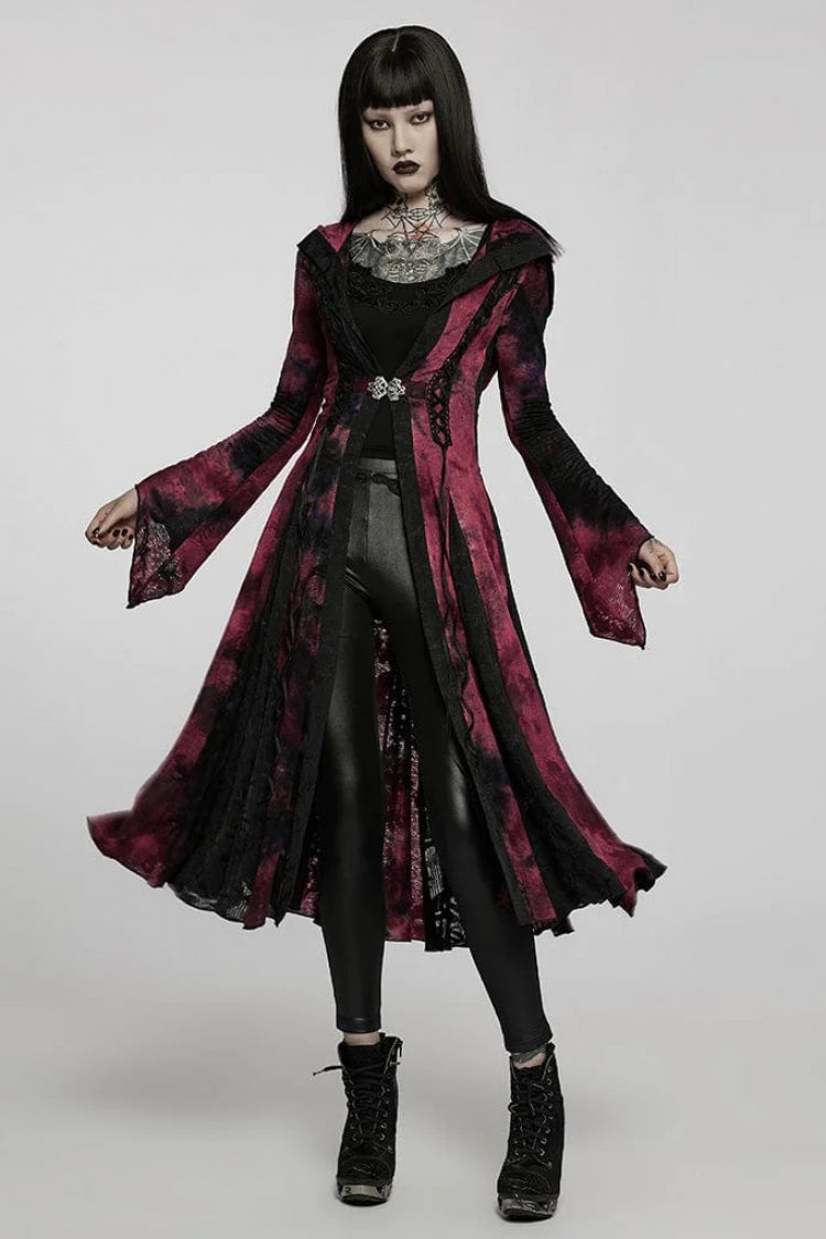 Crimson Noir Flared Bell Sleeves Stitched Hooded Women's Vintage Gothic Overcoat
