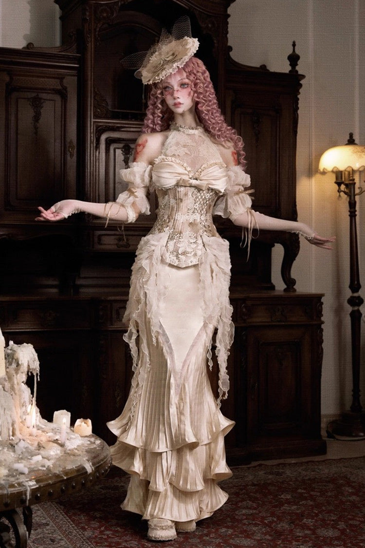 Halterneck Ruffled Embroidered Bow Lace Slim Fishbone Gothic Lolita Top and Skirt Dress Set