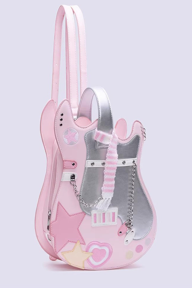 Embroidered Itabag with Guitar Heart and Chain, Color-Block Sweet Lolita