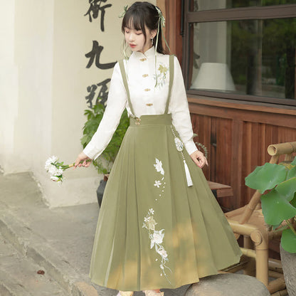 Buckle Floral Embroidery Green Dress Set