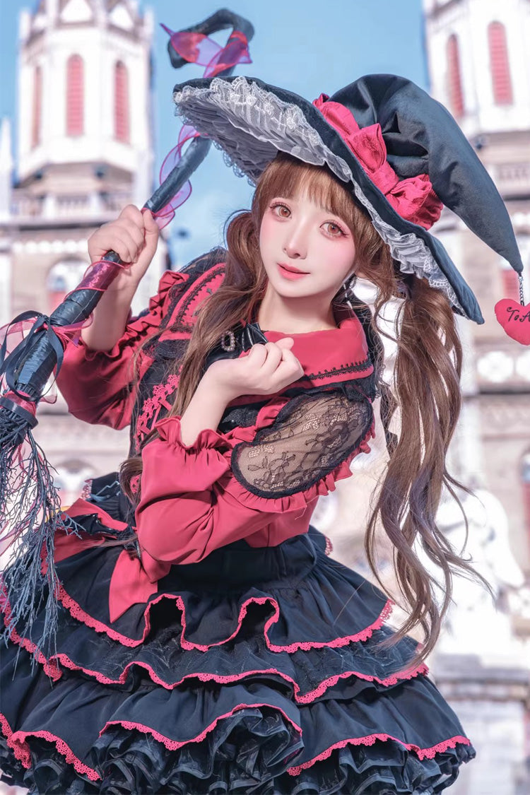 Black Red Showa Cake Sleeveless Triple-Layered Ruffled Bow Lace-Up Witch Gothic Jsk Dress