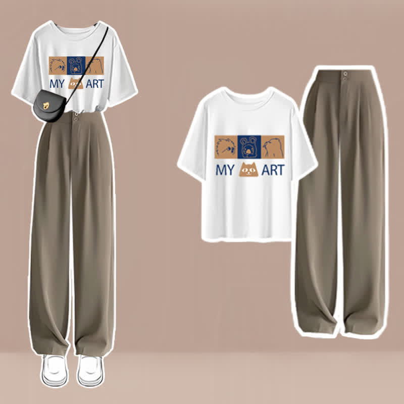 Cartoon Print T-Shirt High Waist Wide Leg Pants