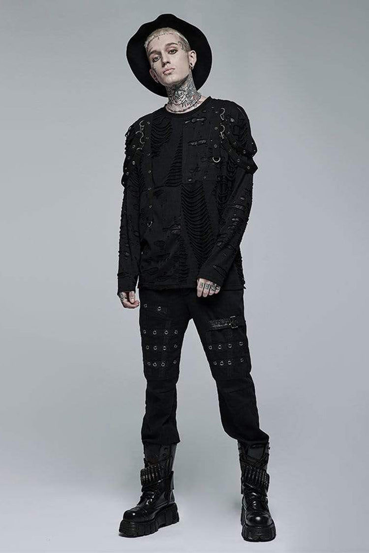 Gothic Distressed Knit Metal Buckle Removable Strap Long-Sleeve Tee