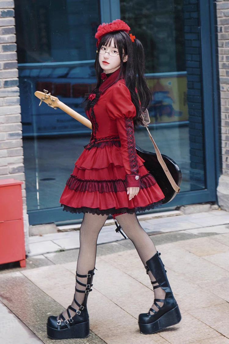 Red Gothic Punk Skirt Set with Removable Corsage and Long Sleeves