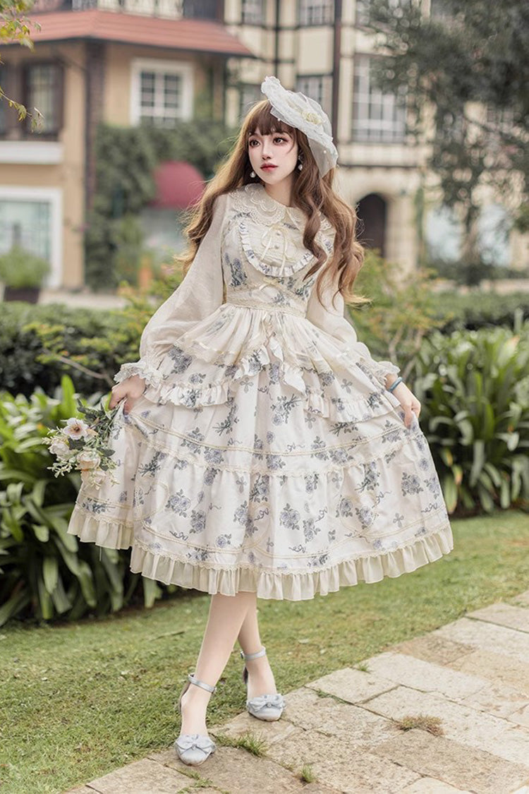 Rose Print Sweet JSK Dress with Puff Sleeves - Lolita