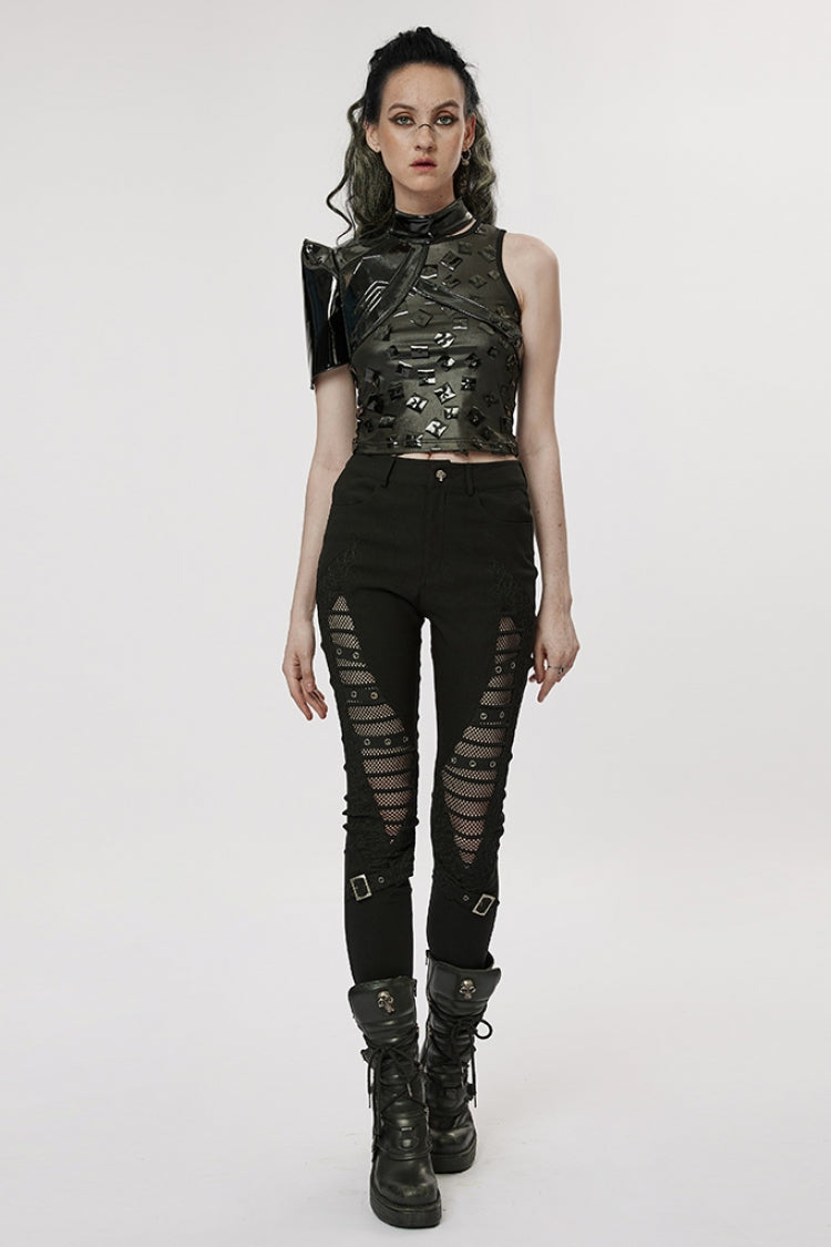 Gothic Leggings with Mesh Panels, Buckle Straps & Stitched Cutout Design