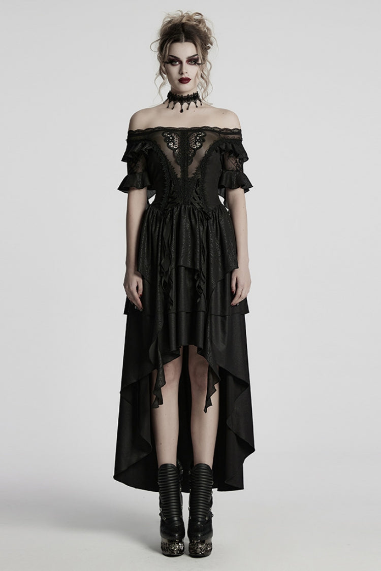 Jet Off-Shoulder Ruffle Sheer Gothic High-Low Prom Dress