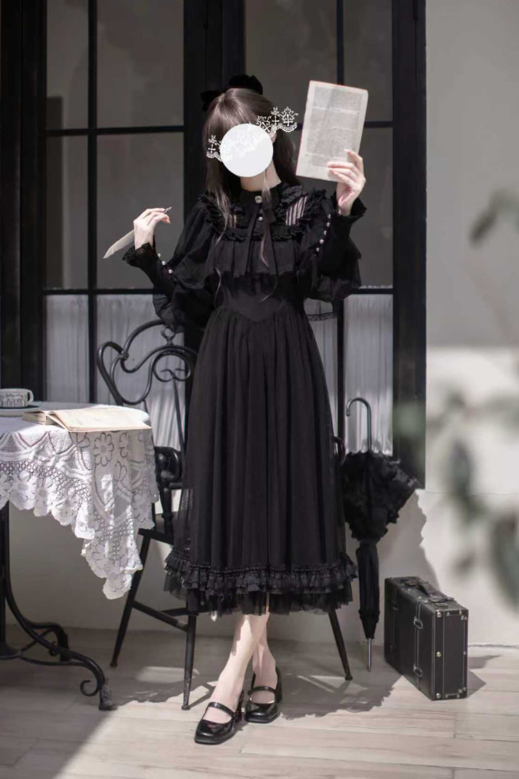 Black Enchanted Nightdream Long Sleeve Bowknot Lace Elegant Dress