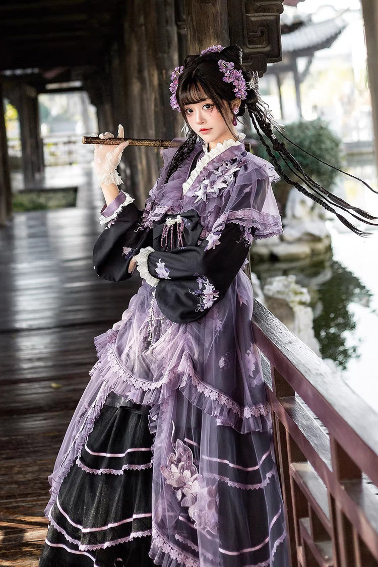 Stand Collar Long Sleeves Ruffled Embroidered Bow Classic Chinese Elegant Lolita Dress Set