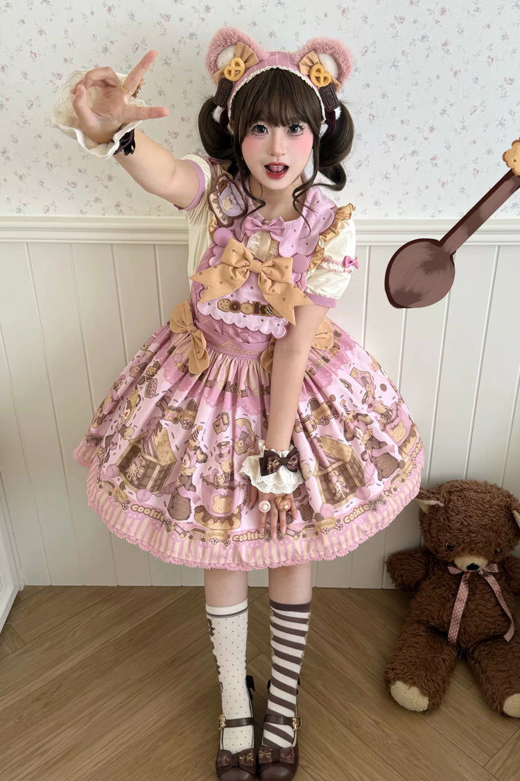 Teddy Bear Cookie Dessert Print Dress with Bow & Ruffles