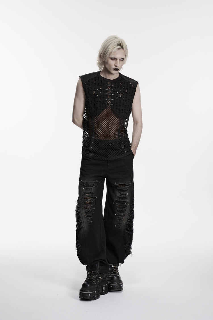 Noir Punk Sleeveless with Torn Mesh and Studded Details