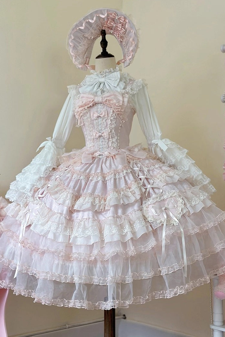 Rosy Ruffle Cascade Bow Embellished Sweetheart Lolita Jumper Dress - Sweetheart Diary