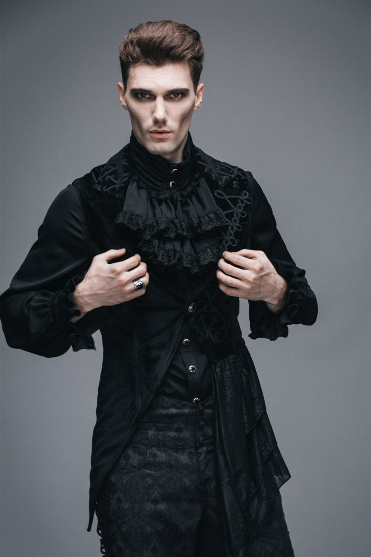 Noir Velvet Gothic Vest with Frog Buttons and Floral Motif