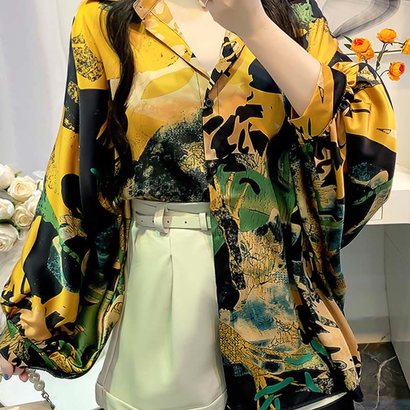 Vintage Floral Batwing Sleeve Lapel Shirt Workwear