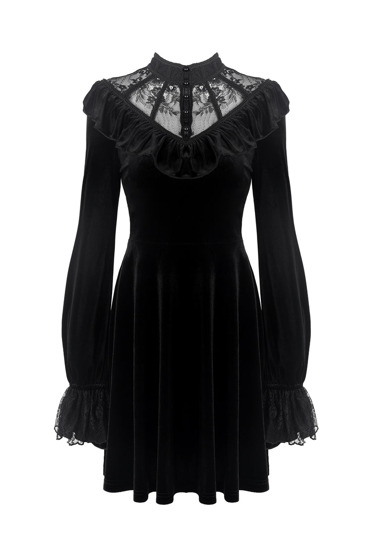 Black V-neck Long Sleeves Ruched Ruffled Lace Women's Lolita Gothic Velvet Dress