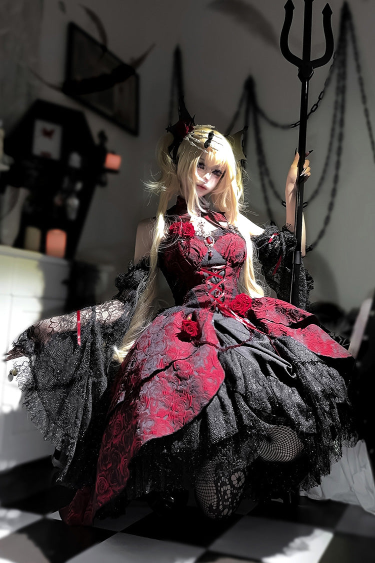 Black and Red Jacquard Print Gothic Lolita Dress with Lace-Up