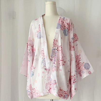 Cat Sakura Print Loose Cardigan Kimono Outerwear