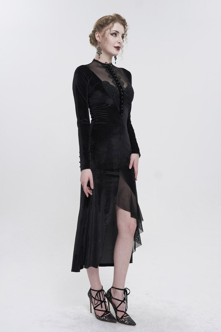 High Collar Paisley Lace Mesh Dress with Asymmetric Hem - Black Gothic