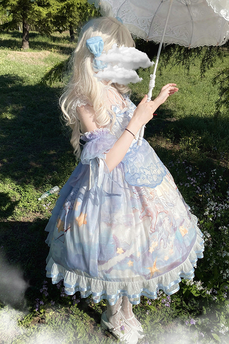 Cloud Walk Print Ruffled Bow Lace Sweet Lolita Jumper Dress Complete Set