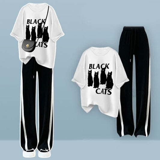 Cat Letter Print T-Shirt Casual Wide Leg Pants