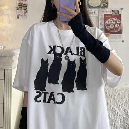 Cat Letter Print T-Shirt Casual Wide Leg Pants